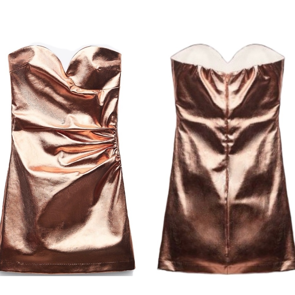 Zara rose gold metallic foil faux leather strapless mini dress bodycon Sz M NWOT